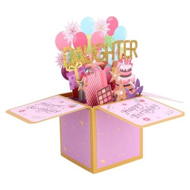 Imagem de Cartão Pop Up Feliz Aniversário para Filha, Cartão Criativo Aniversário 3D com Envelope Balões Coloridos Dobráveis e Caixa de Presente Pop Up com Fogos de Artifício para Filha