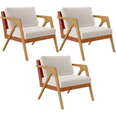 Imagem de Kit 03 Poltronas Pietra L02 material sintético Camel Linho Cru - BELÍS