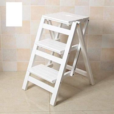 Imagem de YGCBL Banqueta dobrável multifuncional simples, banco de escada de madeira maciça, cadeira de escada dobrável multifuncional para uso interno, escada ascendente móvel de uso duplo, escada de três