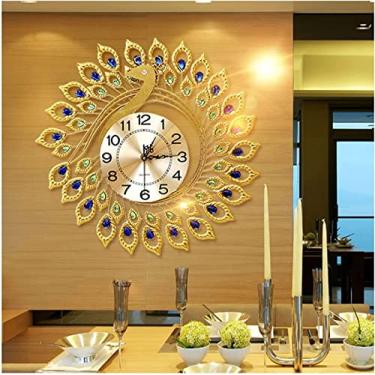 Imagem de QLDFX Relógio de parede grande com pavão de 58 cm, relógio de parede silencioso, sem tique-taque, decoração de parede de pavão dourado de metal moderno para sala de estar, café, restaurante, relógio