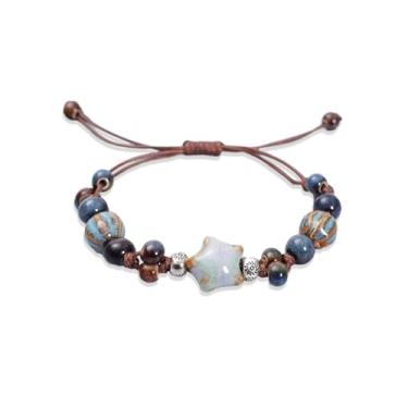 Imagem de Embtrem Pulseiras femininas com contas de cerâmica ajustável, boho, estrela, espiral, preta, cordão de corda fofa e peculiar, joias boho, presentes de amizade para aniversário, Natal, Large, Sem Pedra