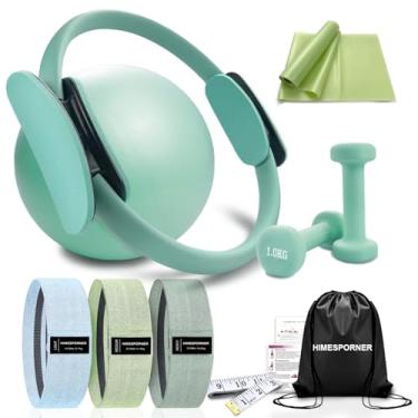 Imagem de HIMESPORNER Kit de equipamento de Pilates para treino em casa, conjunto de anel e bola de Pilates com 1 kg x 2 halteres, faixas de resistência de tecido, fita métrica, bolsa, acessórios essenciais de
