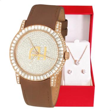 Imagem de Relógio Champion  Ana Hickmann Feminino Couro Marrom Cristais AH28393B Kit Colar e Brincos