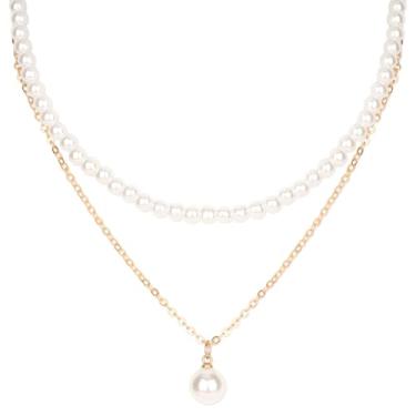 Imagem de Colar em camadas de pérola dourada para mulheres, colar gargantilha para mulheres, pingente delicado, corrente de ouro para mulheres, colar grosso, joias de ouro