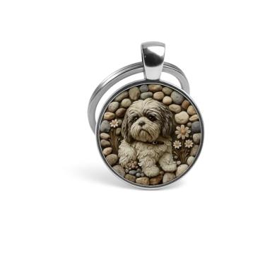 Imagem de SUPAC Chaveiro para amantes de cães, retrato de raça de cachorro diferente, chaveiro de vidro redondo, moldura de metal prata, diâmetro de 2,5 cm (Shih Tzu)
