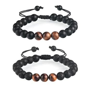 Imagem de Conjunto de pulseiras masculinas para presente com cartão de bênção e caixa de presente - 2 pulseiras de pedras preciosas ajustáveis (olho de tigre, pedra vulcânica, ágata preta) - aniversário, Natal