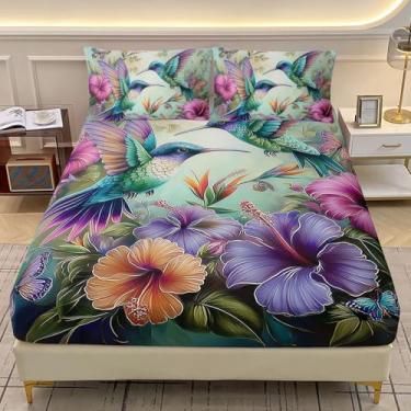 Imagem de AILONEN Jogo de lençol solteiro com elástico lindo beija-flor, estampa de pássaro de flores coloridas, 3 peças, lençol com elástico macio com 2 fronhas