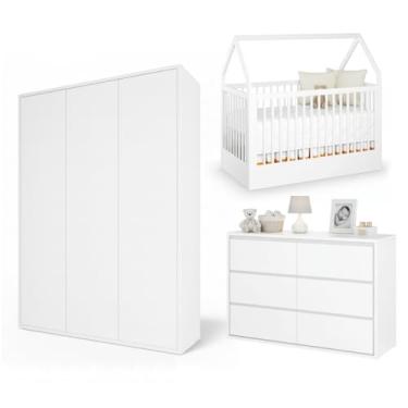 Imagem de Quarto de Bebê Completo Wood Divicar Berço Montessoriano, Cômoda 6 Gavetas e Guarda-Roupa 3 Portas MDF com Acabamento Laqueado UV (Branco)