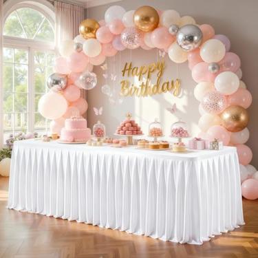 Imagem de Roupas de mesa de cetim branco para mesas retangulares de 1,2 m – Toalhas de mesa retangulares com glitter resistentes a vincos, capas de mesa de festa para banquete de casamento, chá de bebê