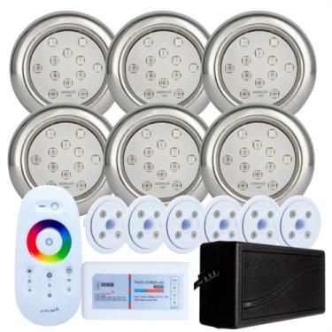 Imagem de Kit Iluminação Piscina Hidraled, 6 Refletores LED RGB Inox 18W, 6 Nichos para piscina de Vinil, Controle Remoto Touch, IP68