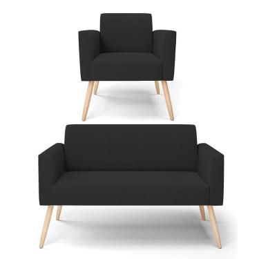 Imagem de Sofá Namoradeira Com Poltrona Pés Palito Natural Marisa Veludo D03 - D\&#039rossi Cor Preto