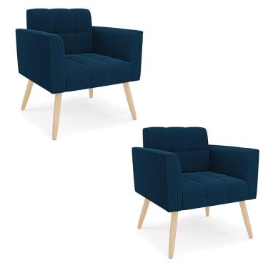 Imagem de Poltrona Sala Estar Pé Palito Natural Kit 2 Elisa Bouclê D03 - D'rossi Cor Azul