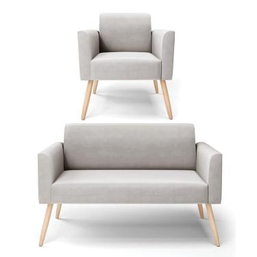 Imagem de Sofá Namoradeira Com Poltrona Pés Palito Natural Marisa Veludo D03 - D\&#039rossi Cor Cinza