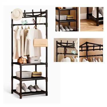 Imagem de Armario Organizador Rack Canto Cabides Roupas Portatil Dobravel Aberto Arara Sapateira