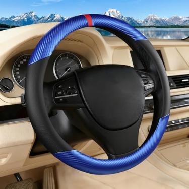 Imagem de Capa de volante de couro de fibra de carbono preto e azul, couro de microfibra, antiderrapante, respirável, ajuste universal para capa de volante de 36,8 a 38 cm para homens e mulheres