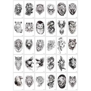 Imagem de 30 adesivos de tatuagem temporária para homens e mulheres, desenhos de caveira preta, dragão, tigre, leão, lobo, leopardo, besta, tatuagens falsas à prova d'água para maquiagem de festa