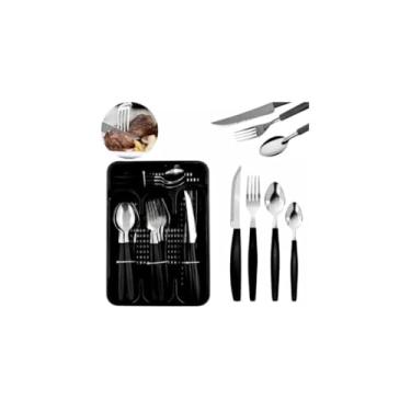 Imagem de Conjunto de Talheres em Aço Inox Preto, 25 Peças, com Porta Talher, Cabos em Polipropileno, 6 Garfos, 6 Facas, 6 Colheres de Mesa, 6 Colheres de Chá