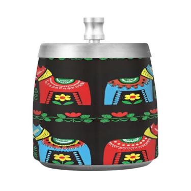 Imagem de Qilmy Cinzeiro de aço inoxidável Swedish Dala Horse com tampa - Cinzeiro de cigarro à prova de vento sem cheiro sem fumaça para casa, escritório, carro, pátio, varanda (uso interno e externo)