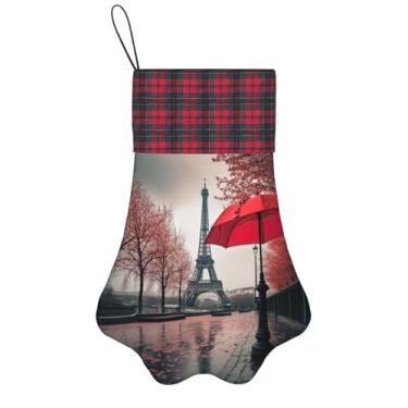 Imagem de SKKNT Torre Eiffel com guarda-chuva vermelho, meias de Natal, animais de estimação, decoração de Natal, cães, gatos, árvore, presente conveniente