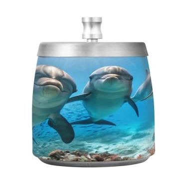 Imagem de Qilmy Cinzeiro de aço inoxidável com tampa de golfinhos fofos - Cinzeiro de cigarro à prova de vento sem cheiro sem fumaça para casa, escritório, carro, pátio, varanda (uso interno e externo)