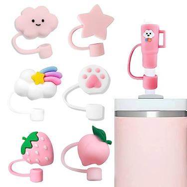 Imagem de YAYAYOUNG 7 peças de tampas de canudo rosa compatíveis com copos Stanley de 30 e 1,134 g, protetores de tampas reutilizáveis e fofos de silicone para acessórios de copos Stanleys de 10 mm