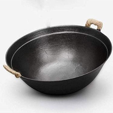 Imagem de Wok de ferro fundido, frigideira antiaderente, tradicional, feita à mão, com alça dupla, antiaderente, decoração de panela de ferro