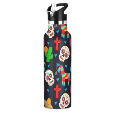 Imagem de Garrafas de água coloridas de desenho animado preto para crianças, meninas, garrafa de água isolada sem BPA, copos de viagem de aço inoxidável para crianças com tampa de canudo para bebidas quentes ou