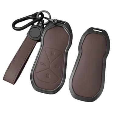 Imagem de Liga de zinco couro carro remoto chave fob caso capa escudo compatível com xpeng/xiaopeng p5 p7 g9 g3i acessórios automóveis(Brown b)