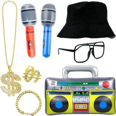 Imagem de Cohortstar 8Pcs 80s 90s Hip Hop Costume Set, Rapper Accessories Kit with Inflatable Boombox Set, Gold Chain Necklace, Glasses and Bucket Hat for Retro Disco Party (Classic)