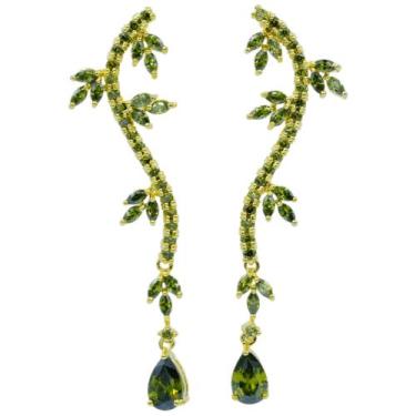 Imagem de Brinco Zircônia Folhas e Gota Semijoia Akasaki BC2929, Dourado, Oliva