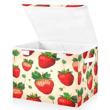 Imagem de Blueangle Cestos de armazenamento padrão morango com tampas, 42 x 32 x 30 cm, grande cesta organizadora dobrável para decoração de casa e escritório (58)