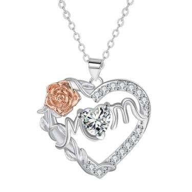 Imagem de Colar romântico com pingente de coração e flor rosa para mulheres, pingente de zircônia cúbica delicada, corrente ajustável, gargantilha de casamento, Dia dos Namorados, Dia das Mães, aniversário