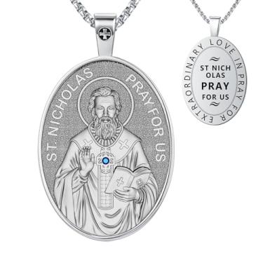 Imagem de OIGVCOTE Colar com pingente St. Nicholas Pray For Us - Medalhão de ícone religioso cristão, joia padroeira de prata altamente polida, presente de confirmação católica com corrente ajustável, 44