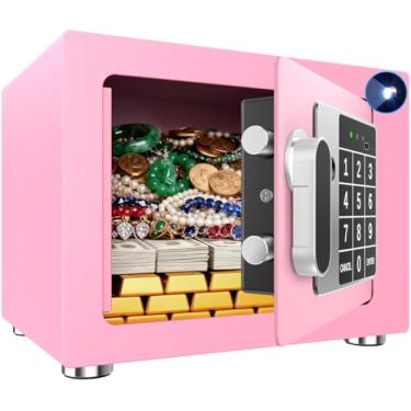 Imagem de Seguro para casa pequena, 16 cm P x 22 cm L x 17 cm A, caixa de segurança com teclado eletrônico para dinheiro, joias, passaporte, cofre oculto para armário, dormitório universitário, rosa