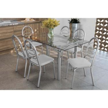 Imagem de Kit 6 Cadeiras Sala Jantar Elba C- Tampo De Vidro 150cm E 6 Cadeiras Holanda Cromada - Courano Branco - Kappesberg