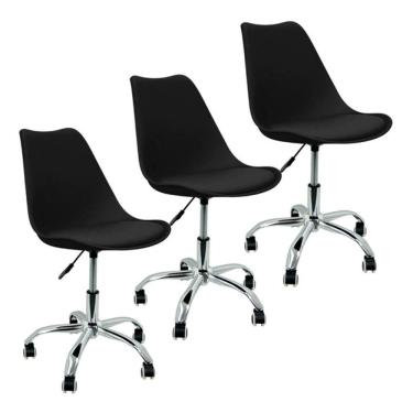 Imagem de Kit 3 Cadeiras Home Office Leda Giratória, Base Cromada com Rodízios, Regulagem de Altura,Preto