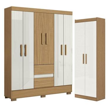 Imagem de Guarda Roupa Casal Coimbra 6 Portas 2 Gavetas MDP Atacama Off White e Armário Multiuso Aramóveis
