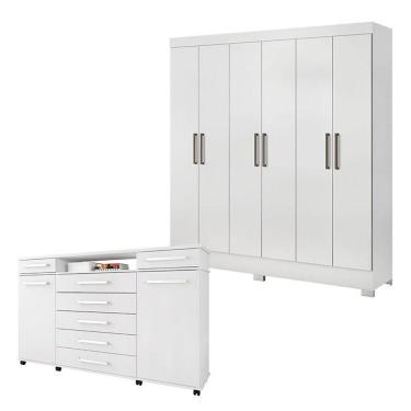 Imagem de Cômoda e Guarda Roupa Casal Cômoda London e Guarda Roupa Casal Prático 6 Portas 3 Gavetas MDP Branco