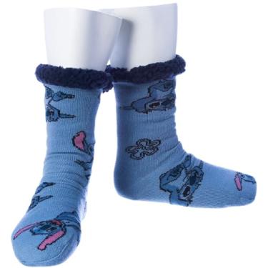 Imagem de Stitch Meia Térmica Lã Pelúcia Pantufa Fofa Cano Longo Oficial Disney Tamanho:P (33/34 / 35);Cor:Azul