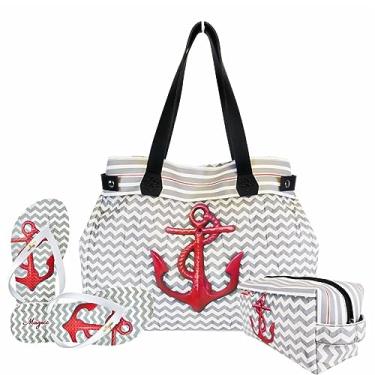 Imagem de Kit Praia Feminino Âncora Vermelha com Bolsa, Necessaire e Chinelo, Magicc KIT-161