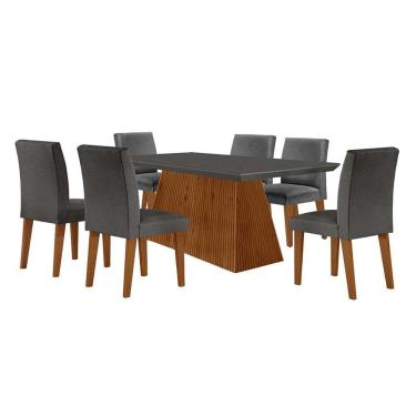 Imagem de conjunto de mesa de jantar retangular com tampo de vidro luna e 6 cadeiras grécia linho grafite e imbuia