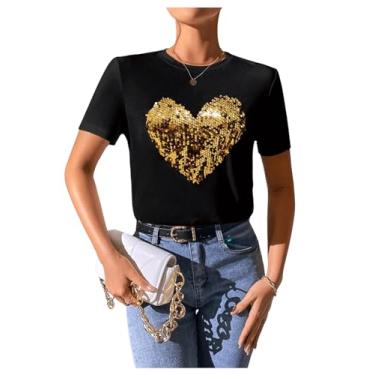 Imagem de SweatyRocks Camiseta feminina de gola redonda com lantejoulas com glitter e manga curta colorblock, Preto e dourado, Small