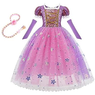 Imagem de CinheyU Vestido de aniversário de princesa Sofia para meninas, fantasia de Halloween, concurso de Natal, vestido de festa à noite com trança Rapunzel 9-10T