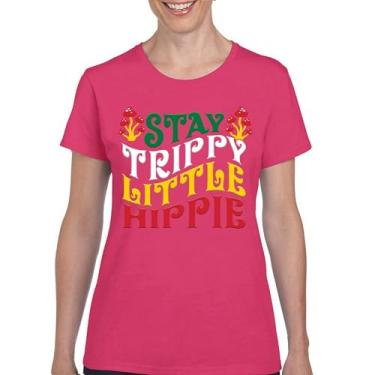 Imagem de Camiseta feminina Stay Trippy Little Hippie Puff Print Hippies Vintage Peace Love Happiness Retro 70s Cogumelos, Rosa choque, GG