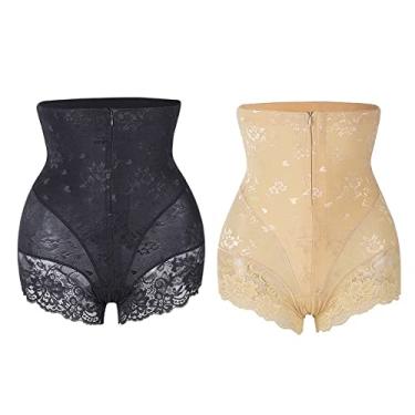 Imagem de Calcinha Shapewear Feminina Cintura Treinador Espartilho Renda Body Shaper Com Zíper Cintura Alta Dupla Calcinha Controle(Black+Skin_L)