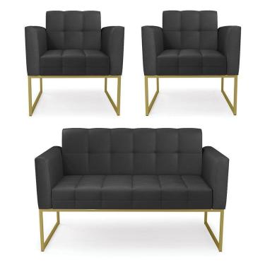 Imagem de Kit 1 Sofá Namoradeira E 2 Poltronas Elisa Corino Base Metálica Industrial Dourado - D`rossi Cor Preto