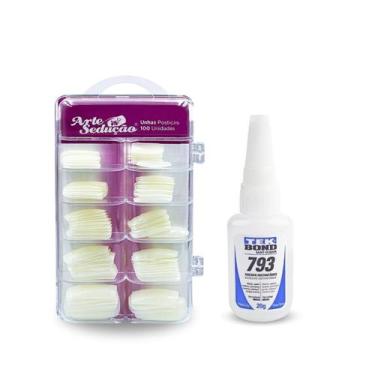 Imagem de Kit 100 Unhas Postiças Natural Quadrada + Cola Tekbond 793 - Arte Sedu