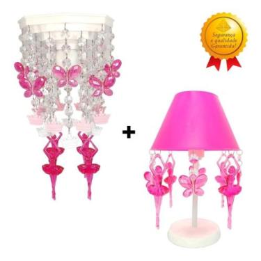 Imagem de Kit Lustre Infantil Abajur Borboletas e Bailarinas Pink Decorar Quarto