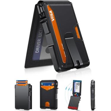 Imagem de Carteira masculina minimalista de 9 a 13 cartões, fina e compacta com clipe para dinheiro e janela para identidade, carteira de cartão pop-up inteligente com bloqueio de RFID, porta-cartão de crédito