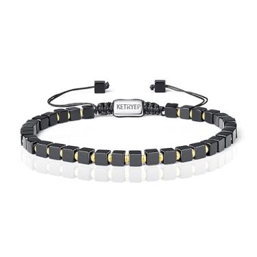 Imagem de ketryep Pulseiras masculinas com contas quadradas de 4 mm de pedra natural para homens ônix preto fosco ágata olhos de tigre lava rock hematita pulseiras para homens presentes de Natal e aniversário